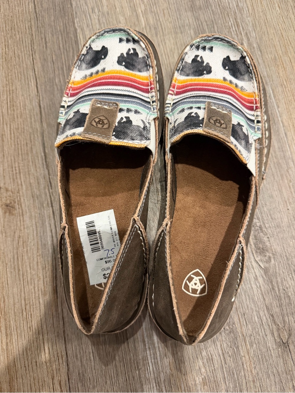 Ariat Brown Slip-On Moccasins with Multicolor Southwestern Stripe Womens